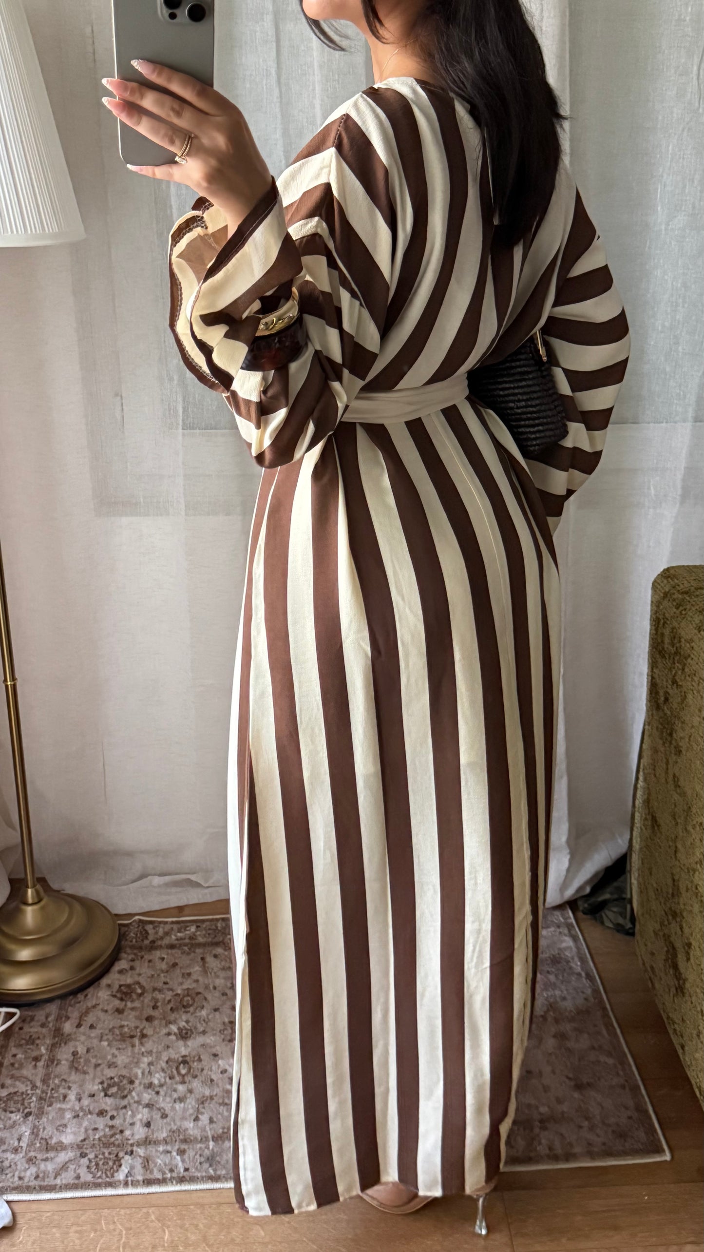 Robe effet lin à rayures avec ceinture large