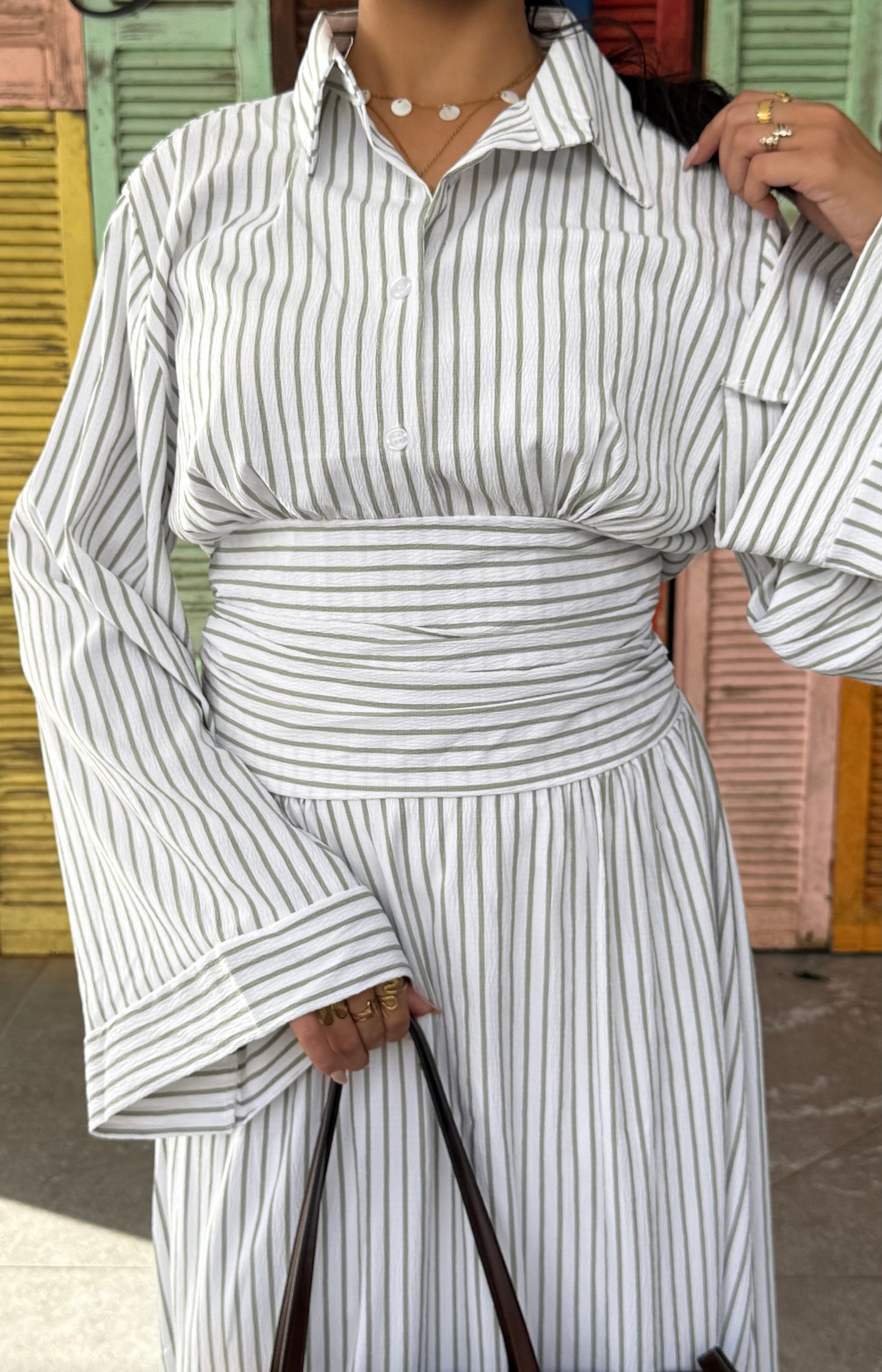 Robe chemise longue rayée Riya à ceinture / GREEN