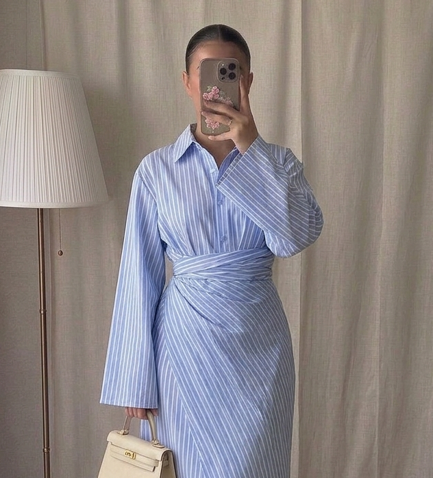 Robe longue rayée col chemise