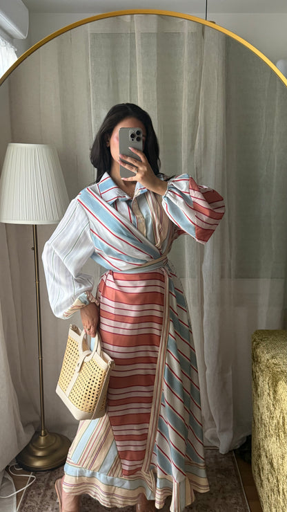 ROBE LONGUE À RAYURES COL CHEMISE À NOUER