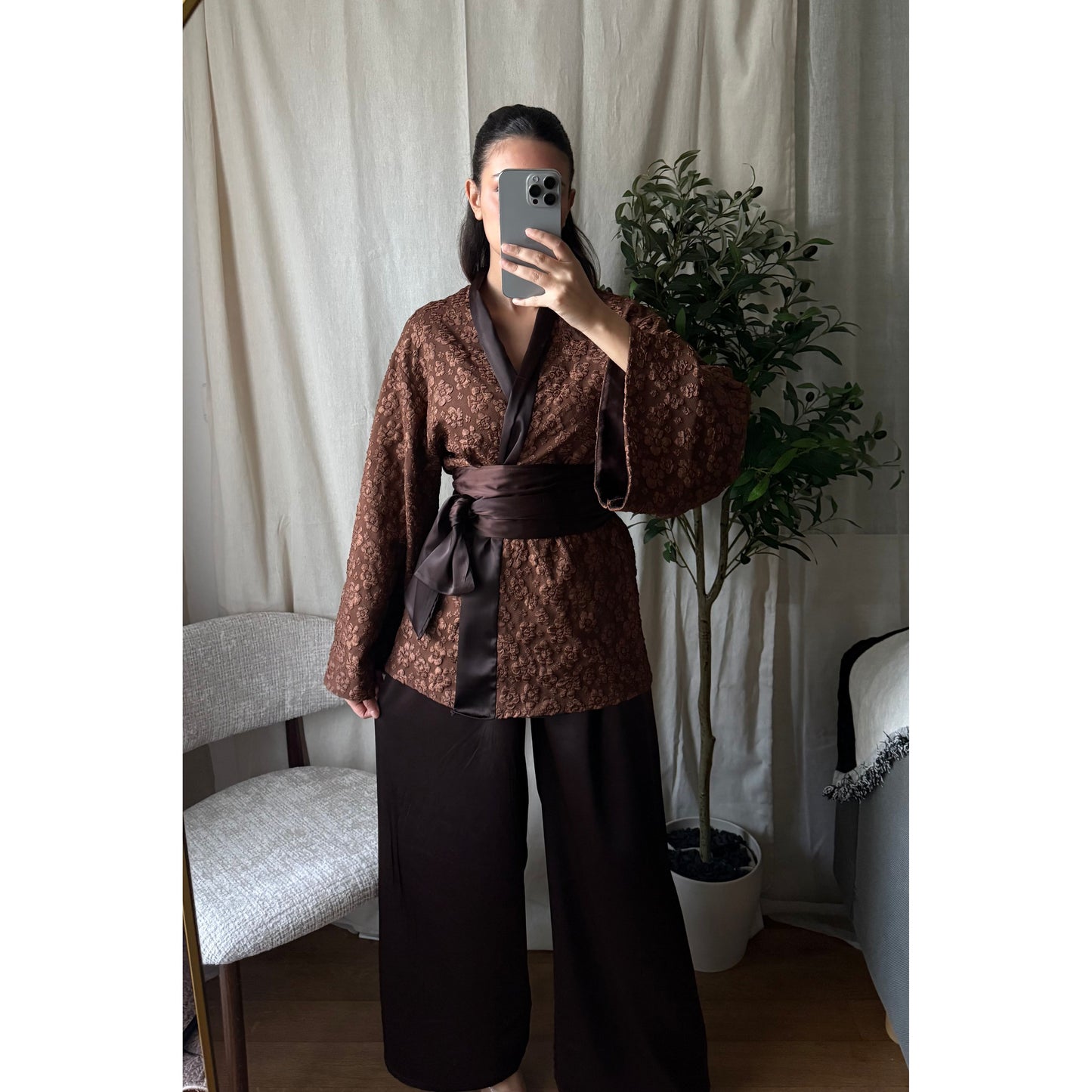 ENSEMBLE KIMONO BROCARD COFFEE
