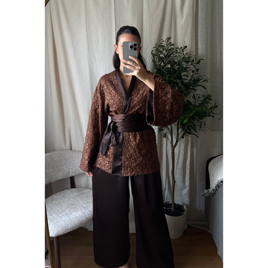 ENSEMBLE KIMONO BROCARD COFFEE