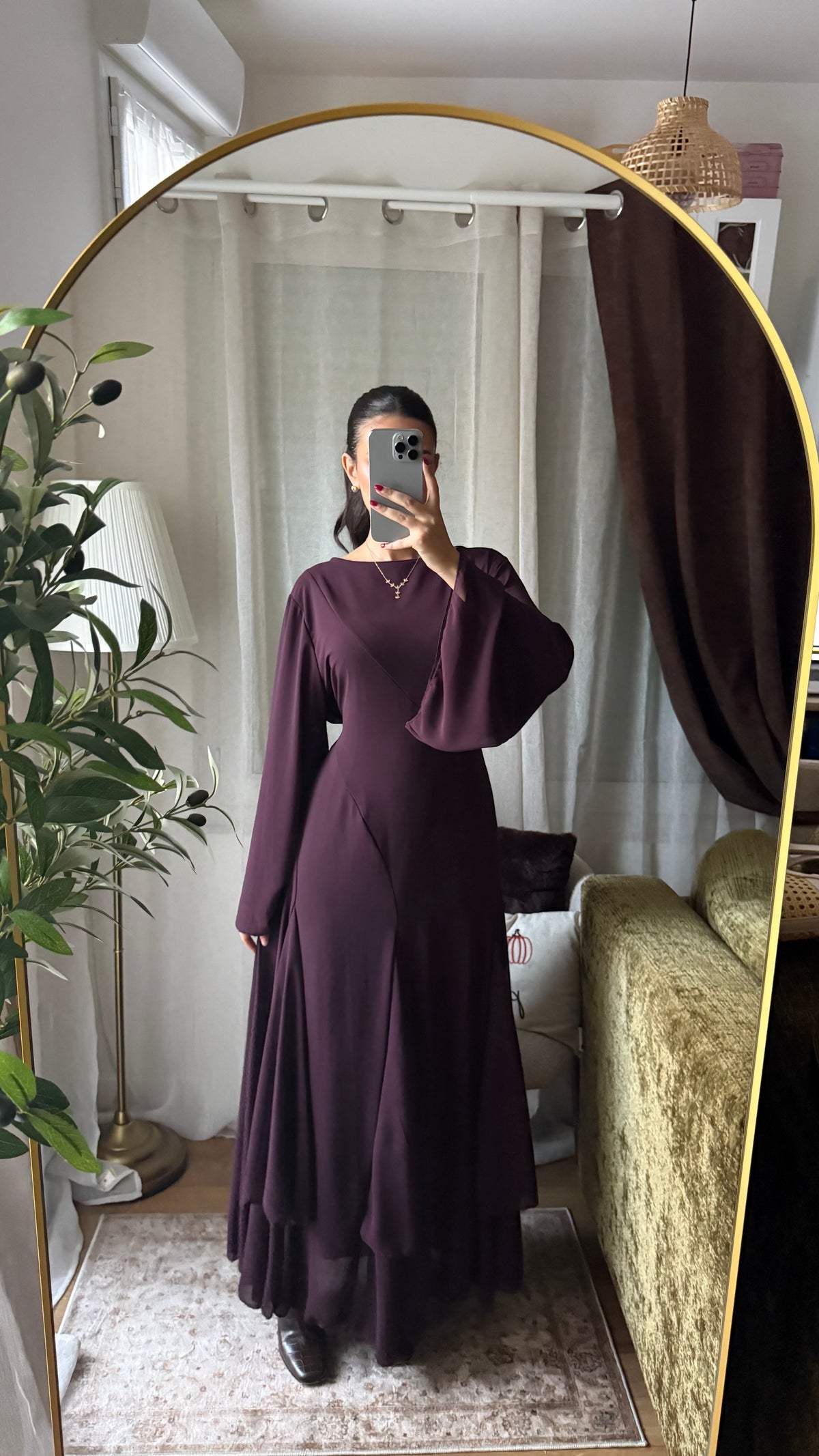 Robe Longue Fluide Manches Évasées – Prune