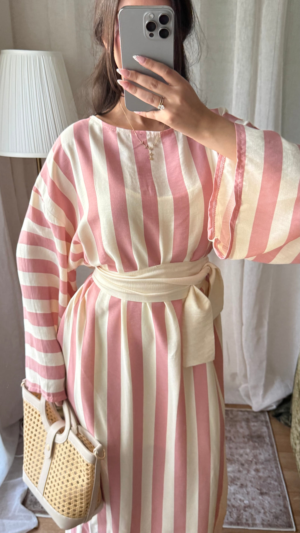 Robe Alya 🌸 effet lin à rayures avec ceinture large