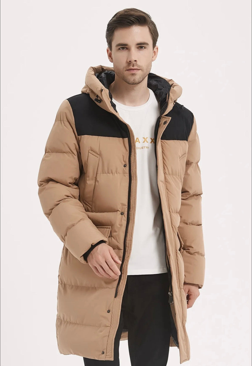 Doudoune Longue Homme à Capuche – Chaude & Élégante | Noir & Beige