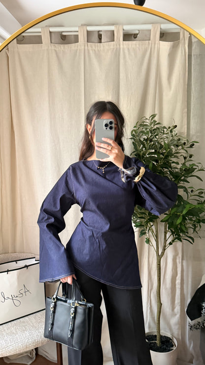 Blouse jean asymétrique à nouer dans le dos