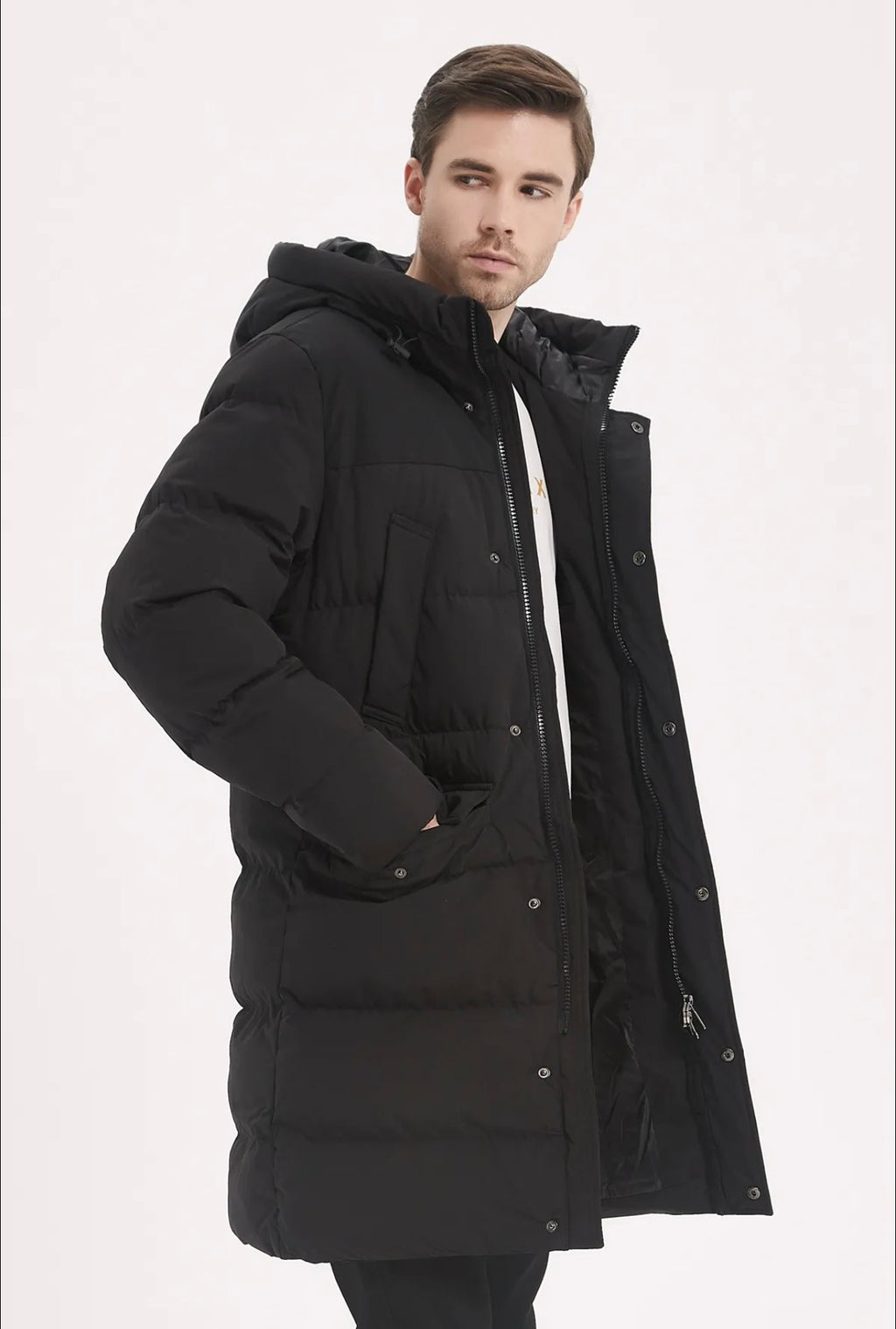 Doudoune Longue Homme à Capuche – Chaude & Élégante | Noir & Beige