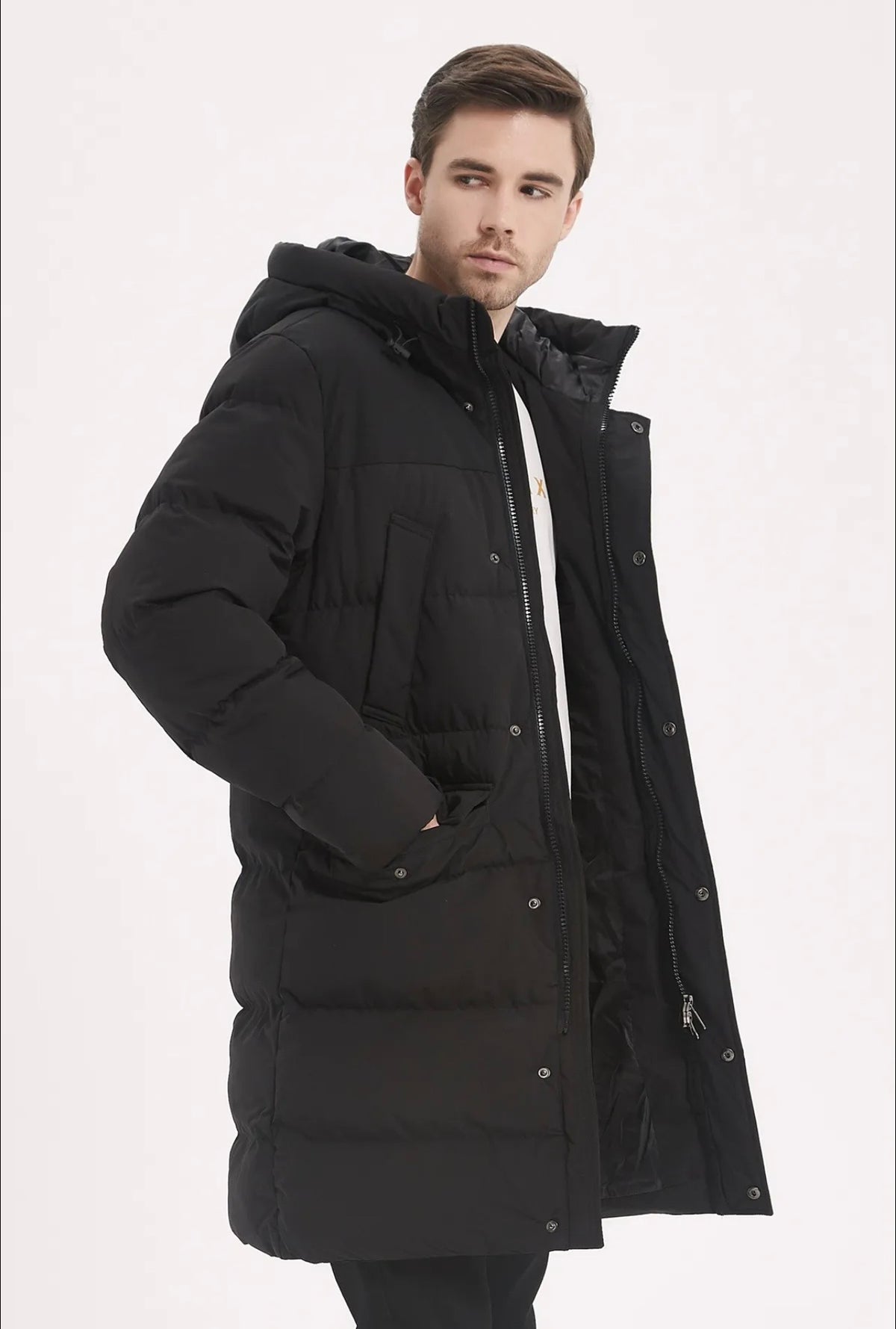 Doudoune Longue Homme à Capuche – Chaude & Élégante | Noir & Beige