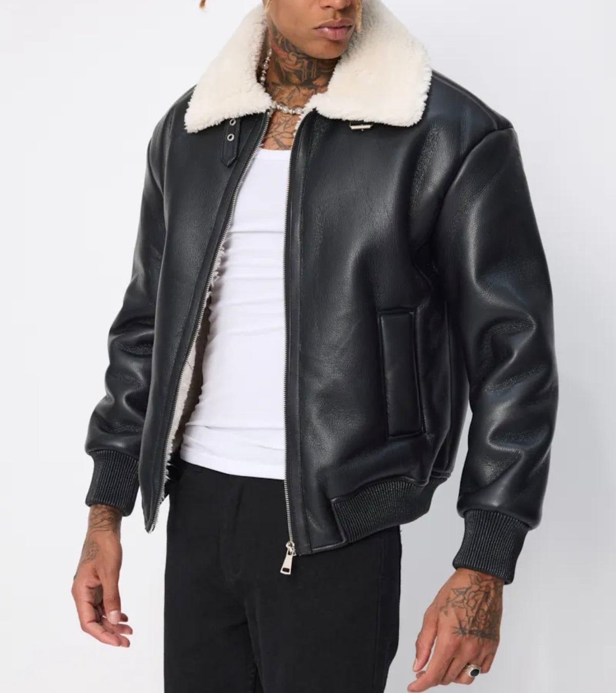 Blouson aviateur noir col sherpa beige homme