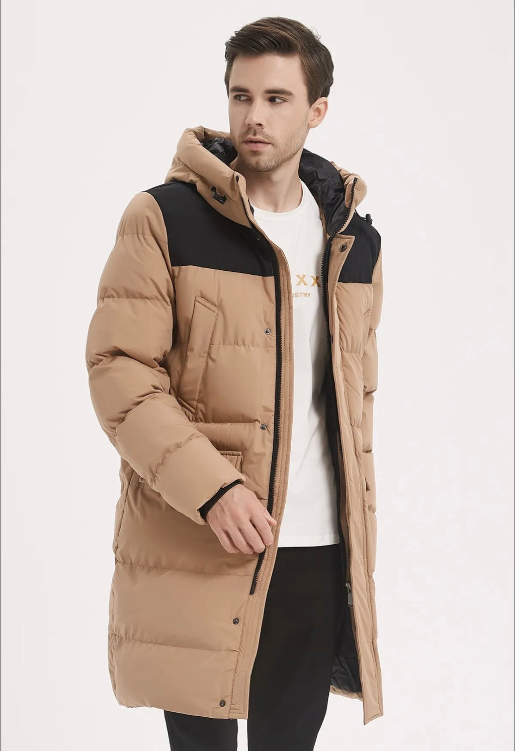 Doudoune Longue Homme à Capuche – Chaude & Élégante | Noir & Beige
