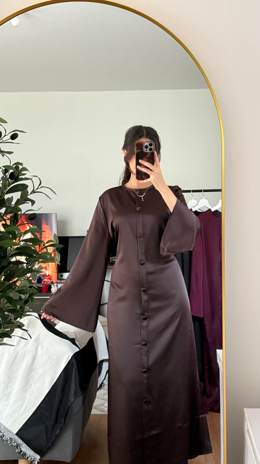Robe longue satinée boutons dos lacé coffee Azayel