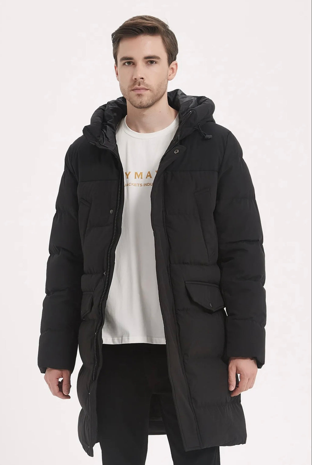 Doudoune Longue Homme à Capuche – Chaude & Élégante | Noir & Beige