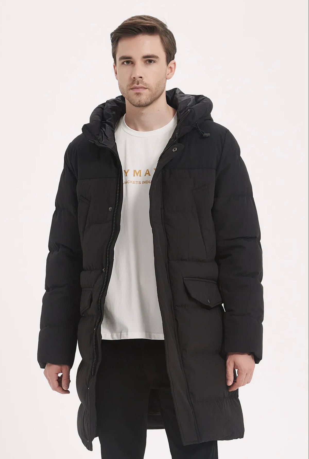 Doudoune Longue Homme à Capuche – Chaude & Élégante | Noir & Beige