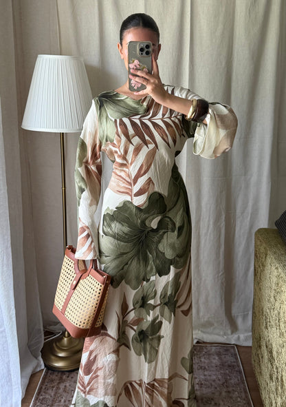 Robe KAKI effet lin à fleurs nouée dans le dos