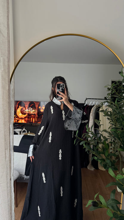 Abaya Premium Cristaux & Empiècement Brocard – Luxueuse & Majestueuse