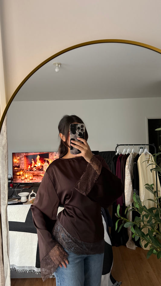 Top satiné dentelle noué dans le dos coffee Azayel