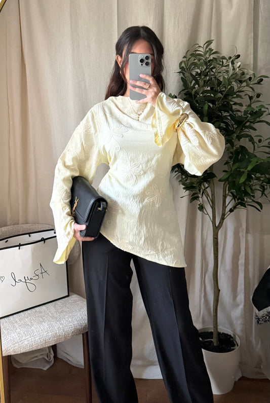 Blouse brodée asymétrique Flora/ jaune pastel