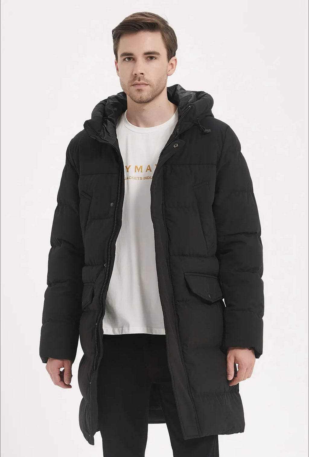 Doudoune Longue Homme à Capuche – Chaude & Élégante | Noir & Beige