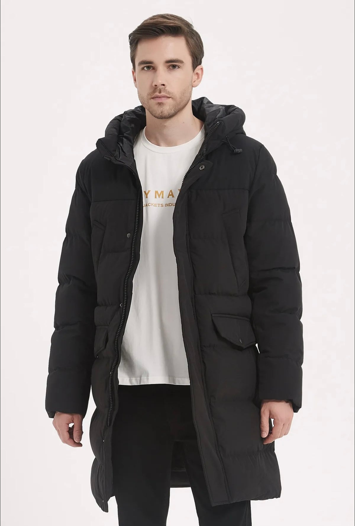 Doudoune Longue Homme à Capuche – Chaude & Élégante | Noir & Beige