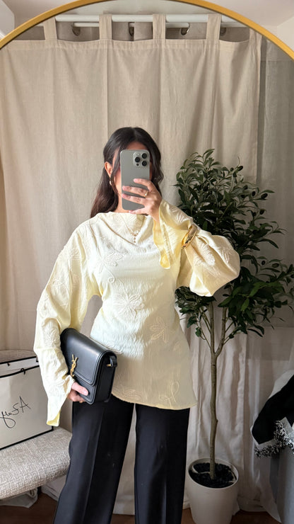 Blouse brodée asymétrique Flora/ jaune pastel