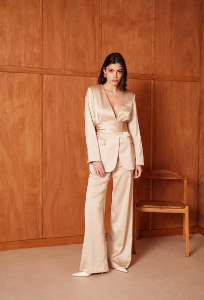 Tailleur Premium Beige Satiné – Blazer & Pantalon & Ceinture