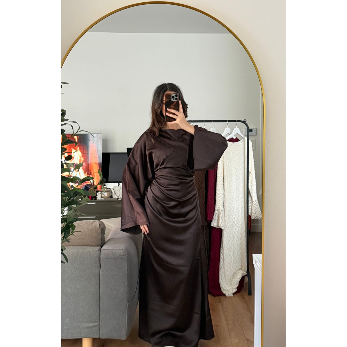Robe longue satin drapé nouer dos coffee Azayel