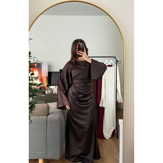 Robe longue satin drapé nouer dos coffee Azayel