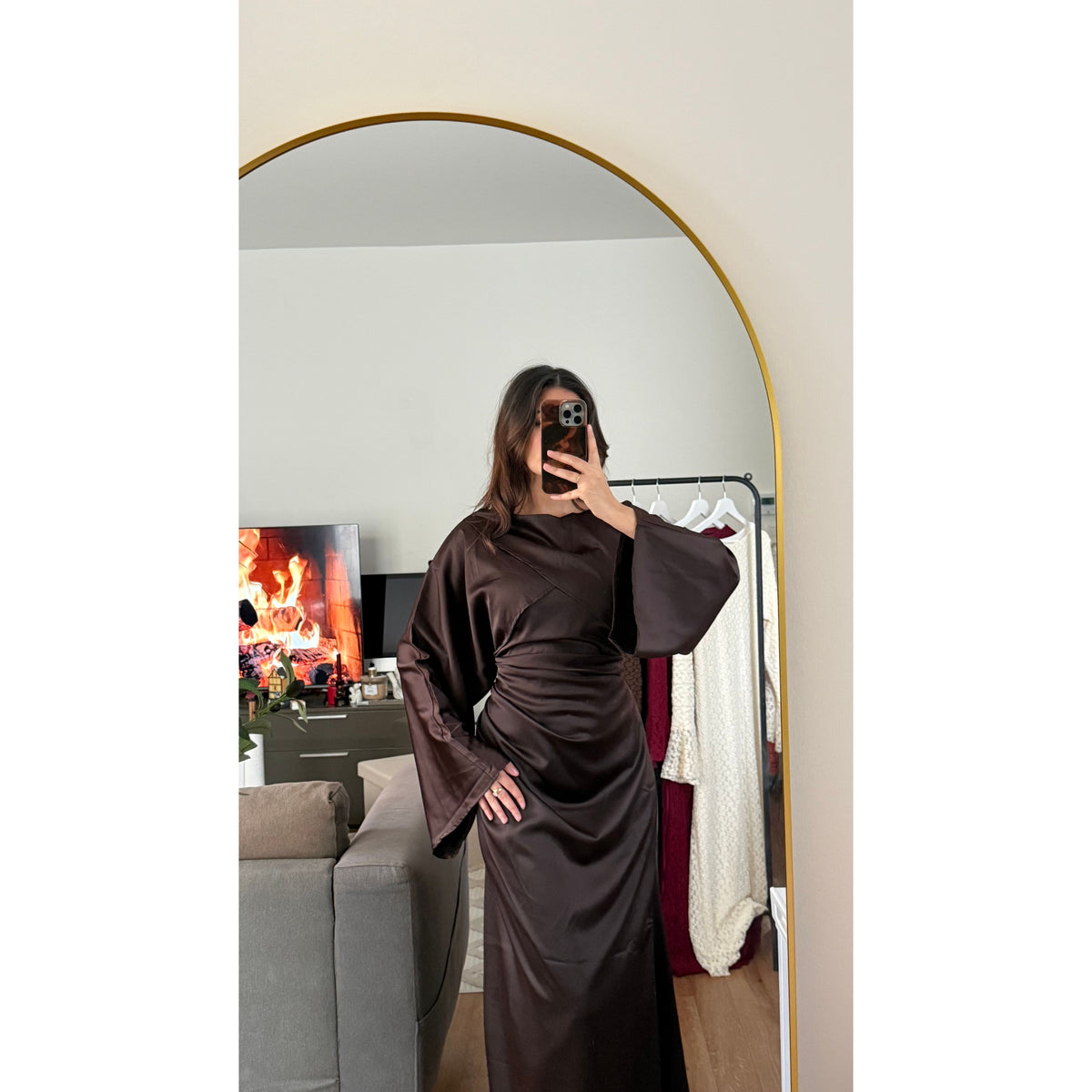 Robe longue satin drapé coffee Azayel