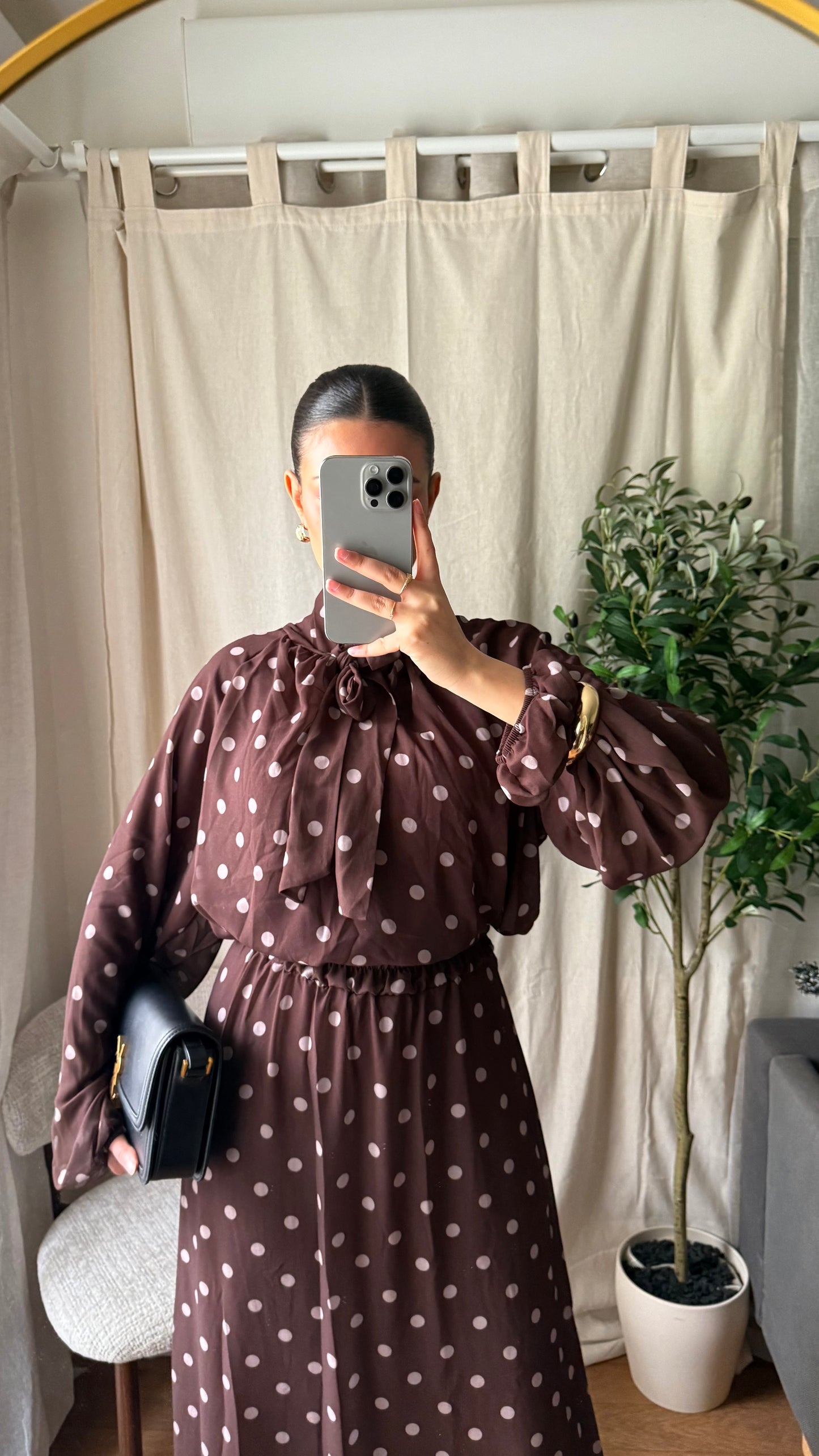 ENSEMBLE JUPE POIS MARRON