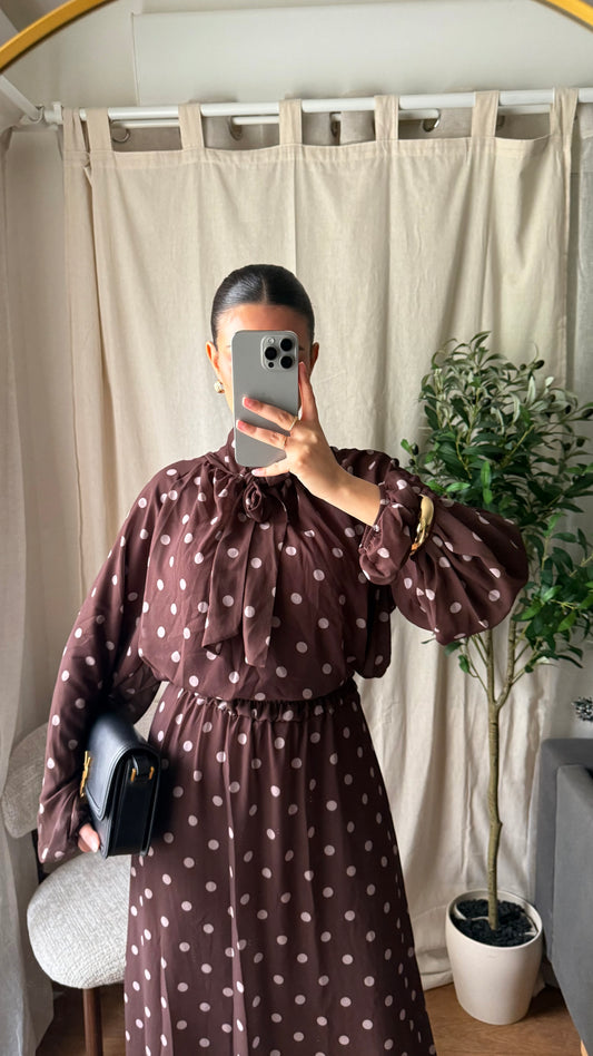 ENSEMBLE JUPE POIS MARRON