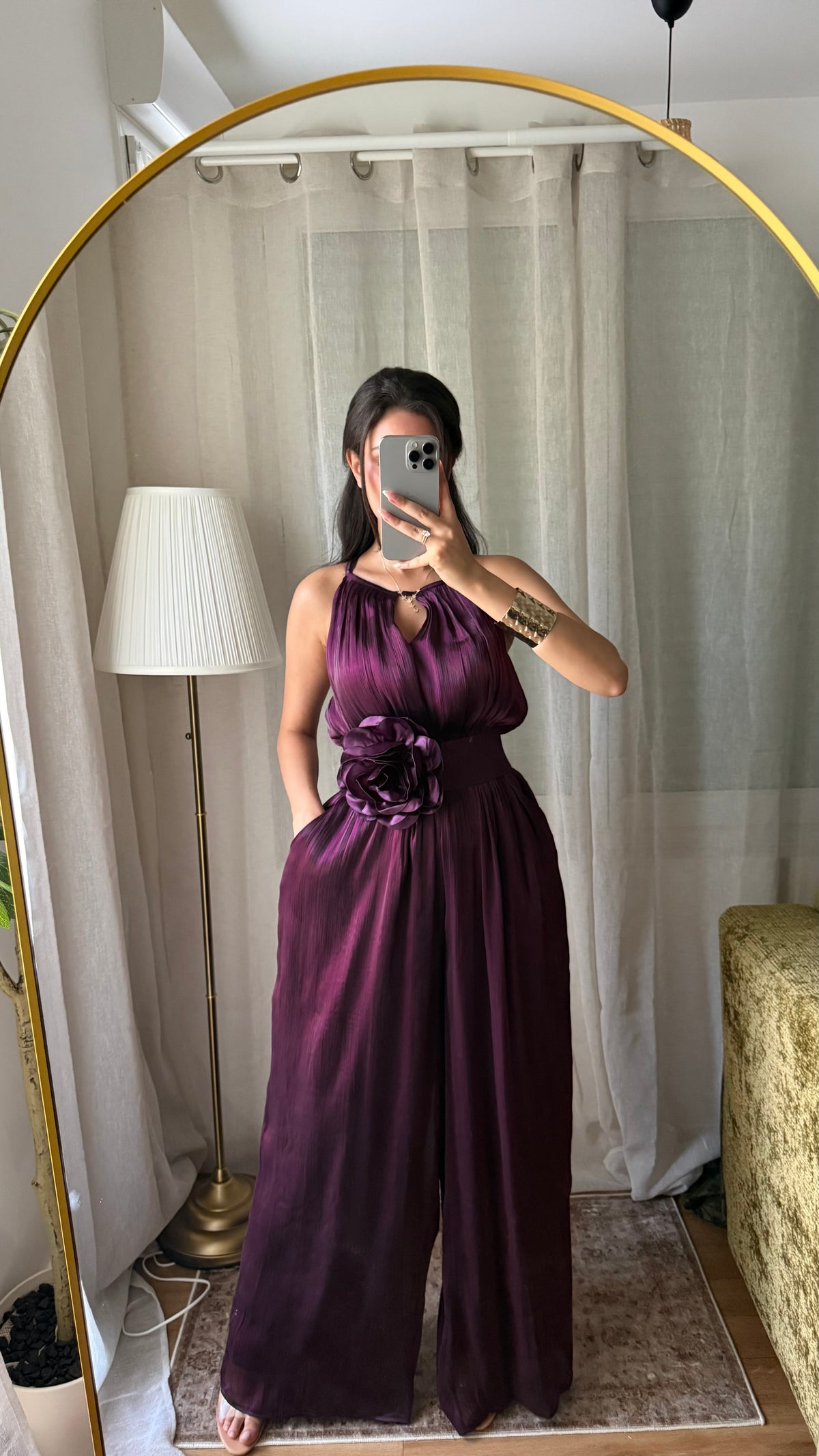 Combinaison Plissée Prune – Ceinture Fleur & Doublée