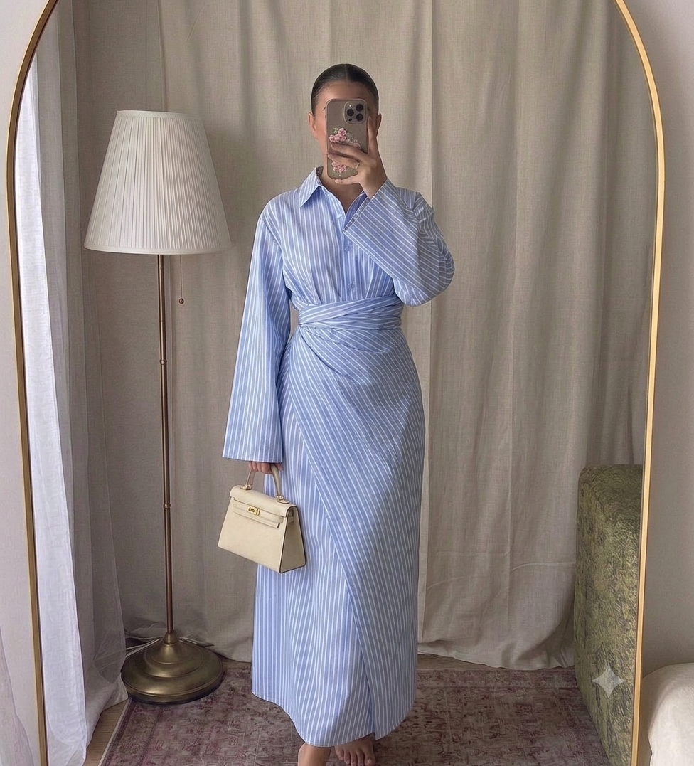 Robe longue rayée col chemise