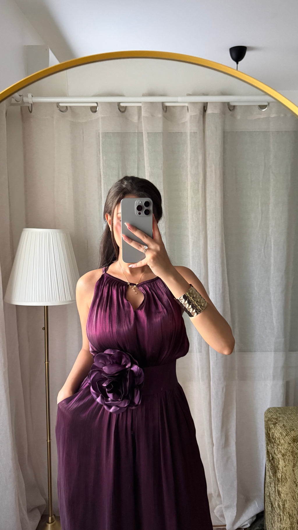 Combinaison Plissée Prune – Ceinture Fleur & Doublée