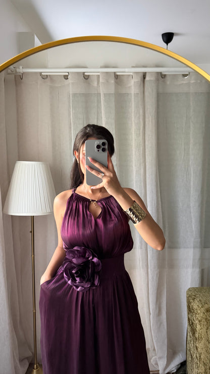 Combinaison Plissée Prune – Ceinture Fleur & Doublée