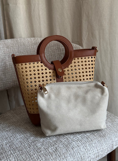 Sac cabas effet rotin marron