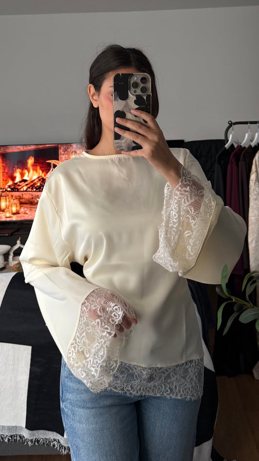 Top satiné dentelle noué dans le dos crème Azayel