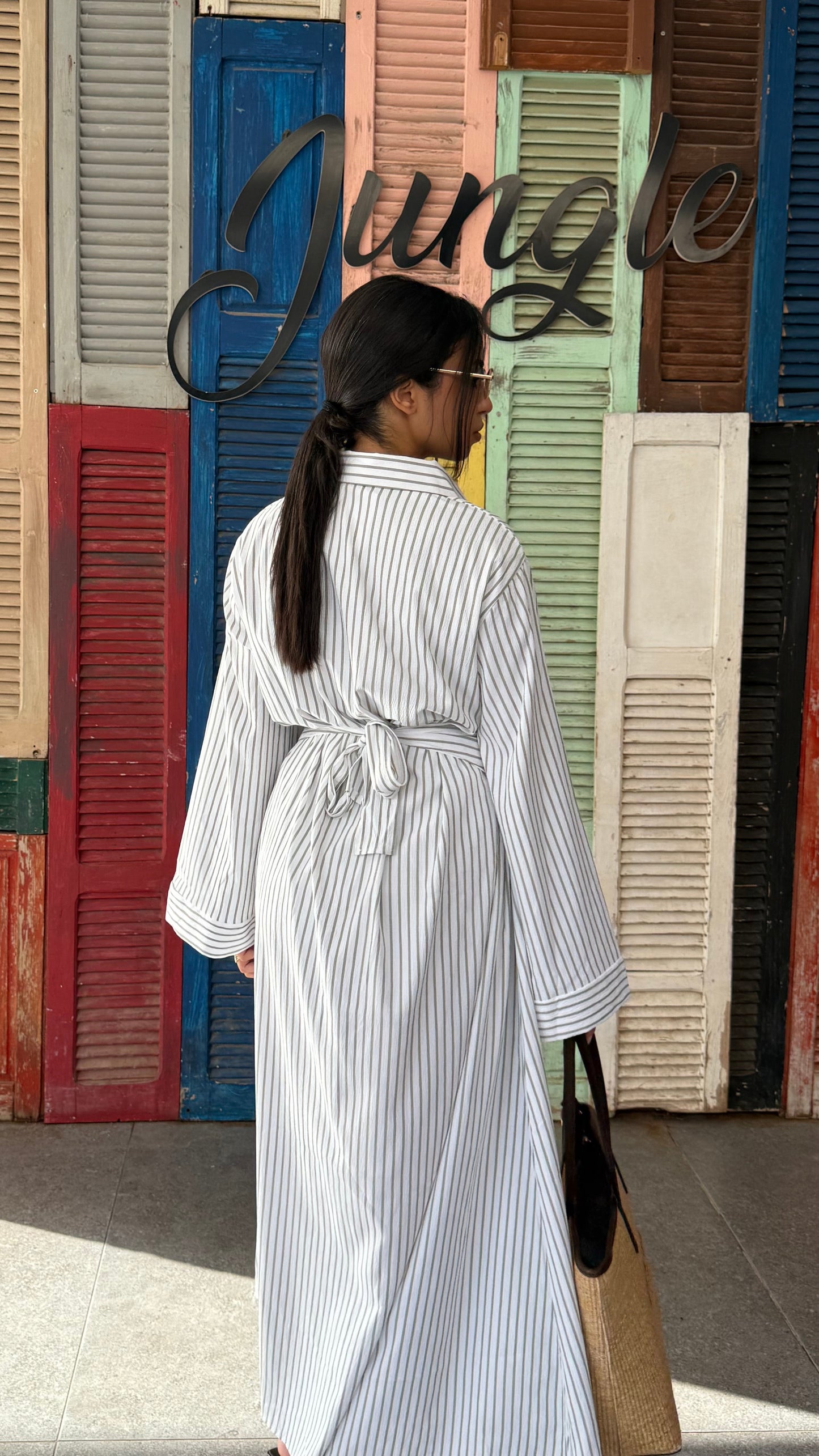 Robe chemise longue rayée Riya à ceinture / GREEN