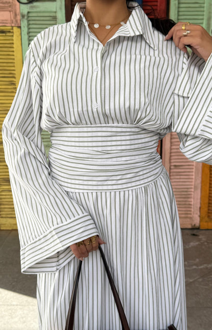 Robe chemise longue rayée Riya à ceinture / GREEN