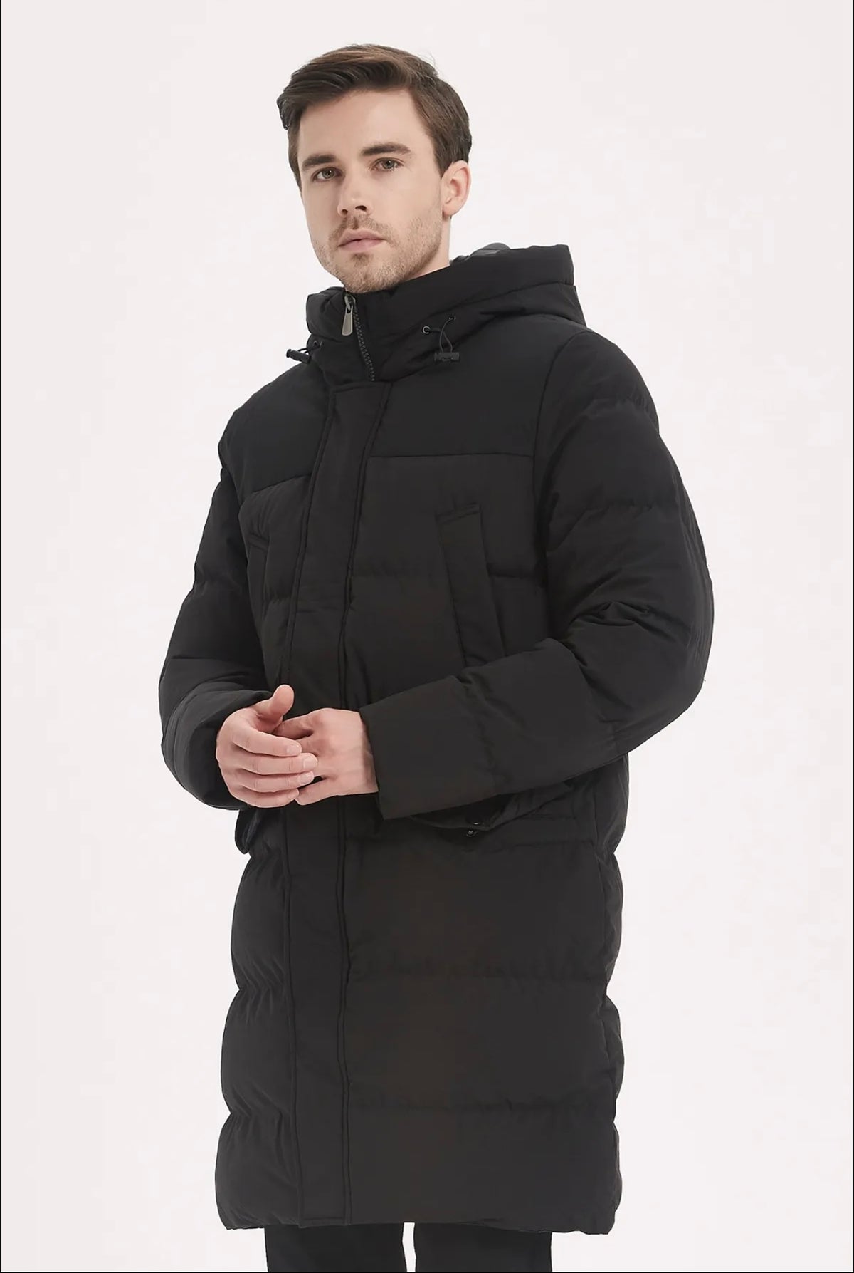 Doudoune Longue Homme à Capuche – Chaude & Élégante | Noir & Beige