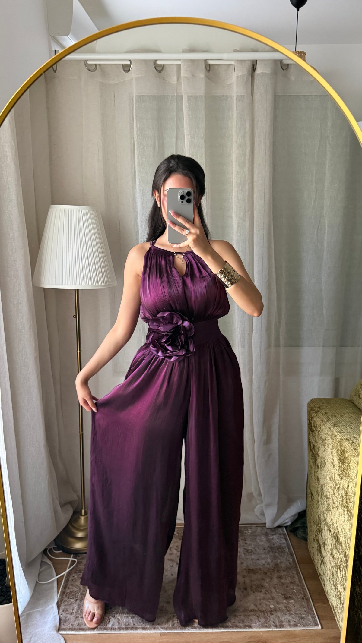 Combinaison Plissée Prune – Ceinture Fleur & Doublée