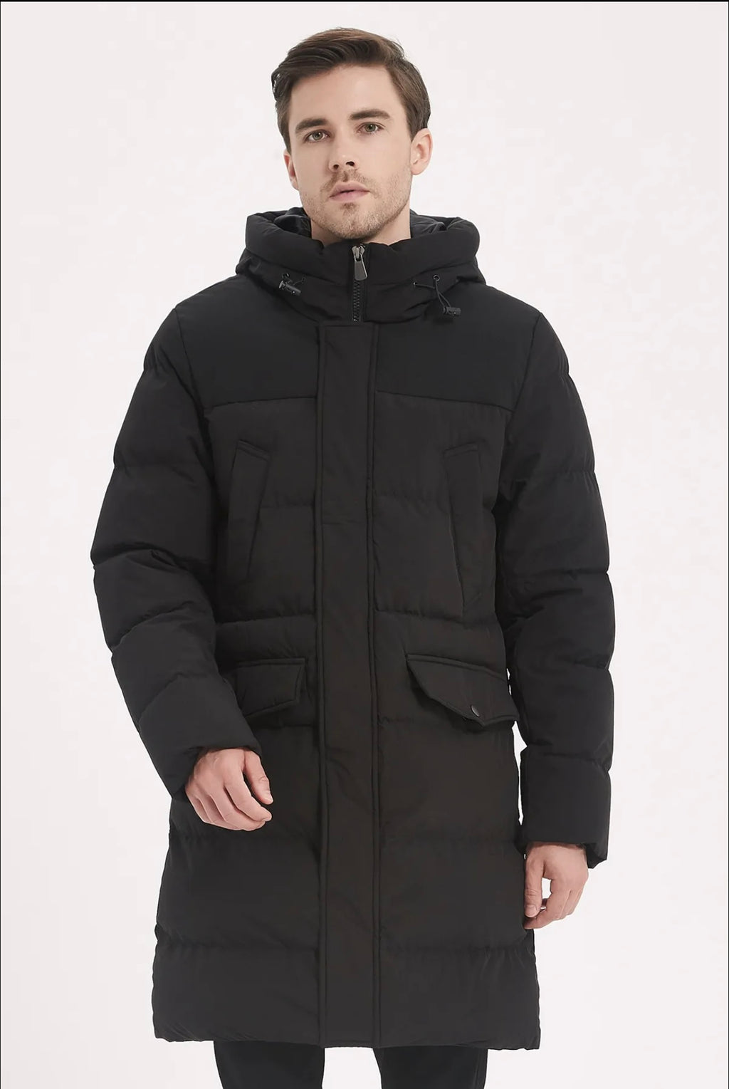 Doudoune Longue Homme à Capuche – Chaude & Élégante | Noir & Beige