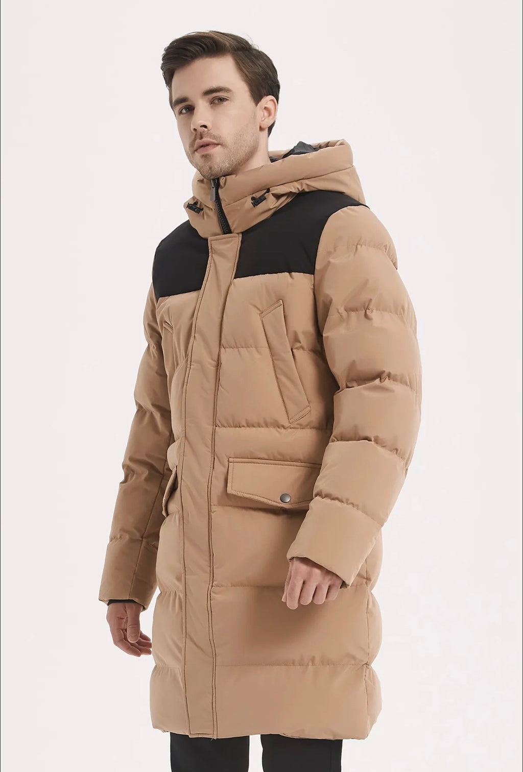 Doudoune Longue Homme à Capuche – Chaude & Élégante | Noir & Beige