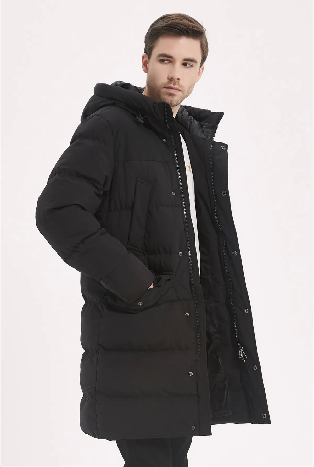 Doudoune Longue Homme à Capuche – Chaude & Élégante | Noir & Beige