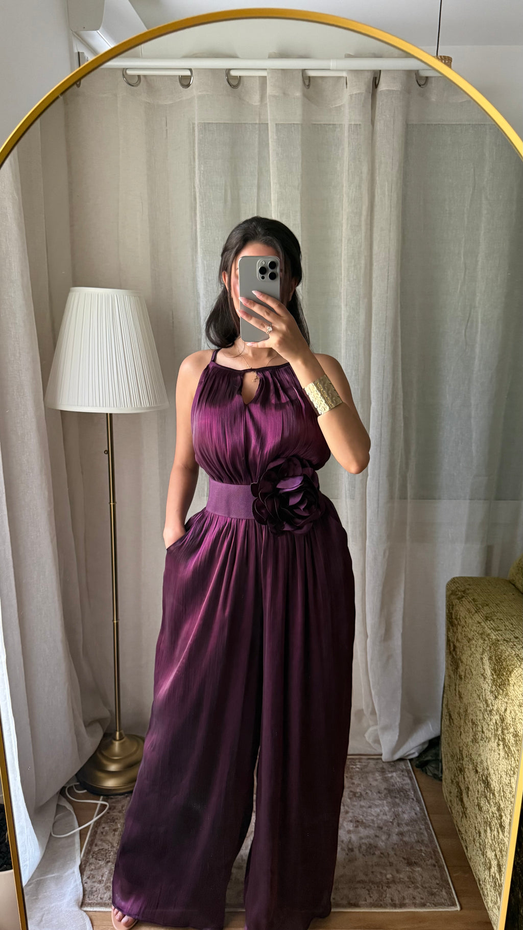 Combinaison Plissée Prune – Ceinture Fleur & Doublée