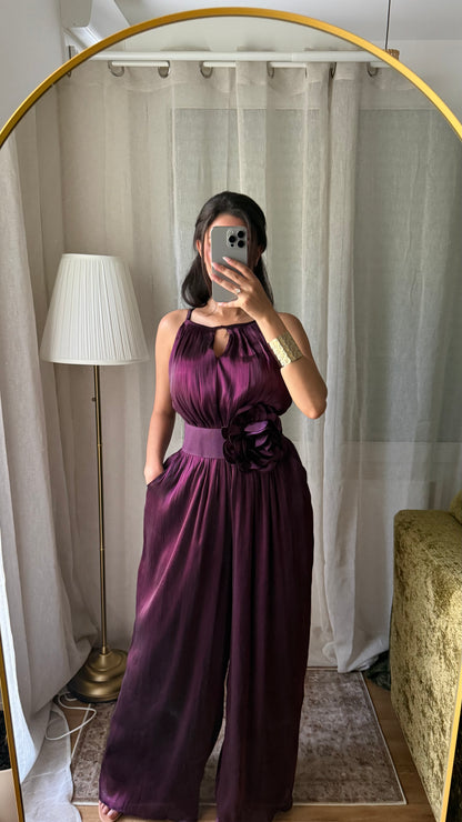Combinaison Plissée Prune – Ceinture Fleur & Doublée