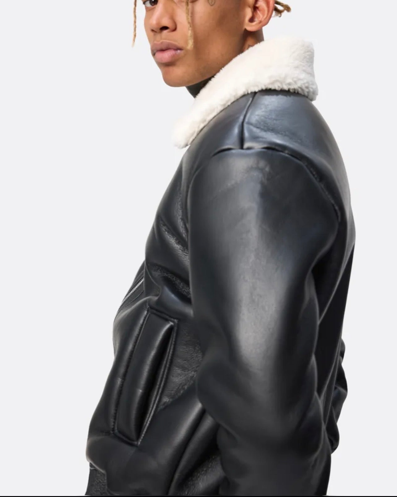 Blouson aviateur noir col sherpa beige homme
