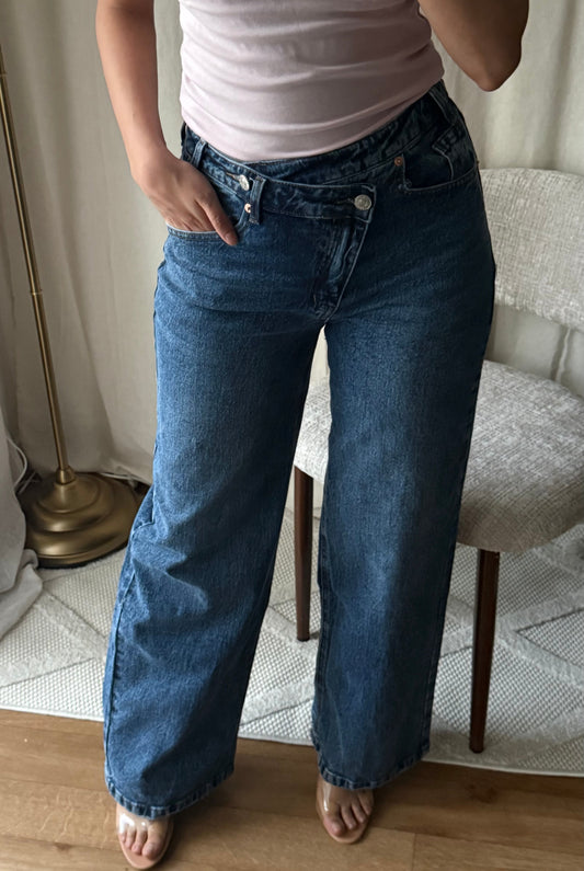 Jean asymétrique bleu foncé 100% coton
