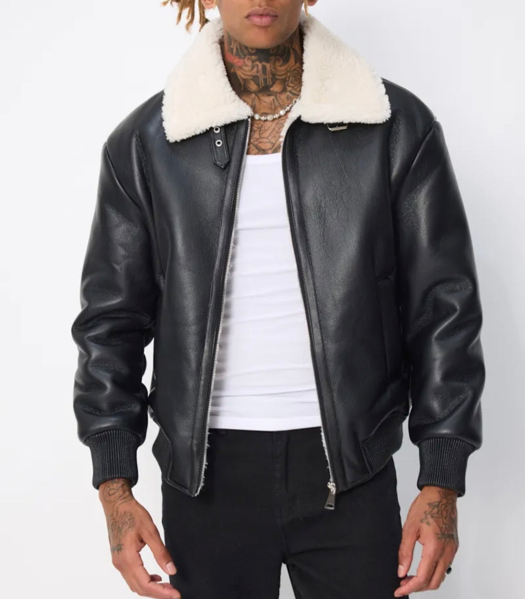 Blouson aviateur noir col sherpa beige homme