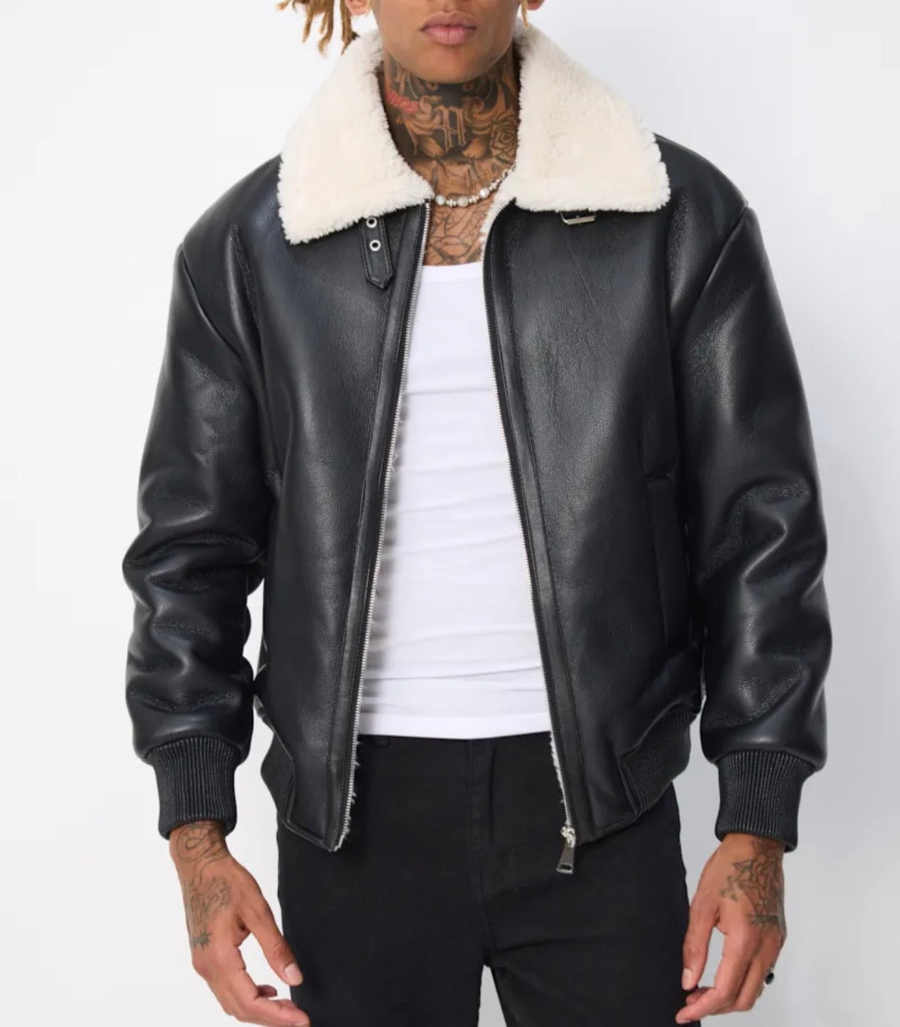 Blouson aviateur noir col sherpa beige homme