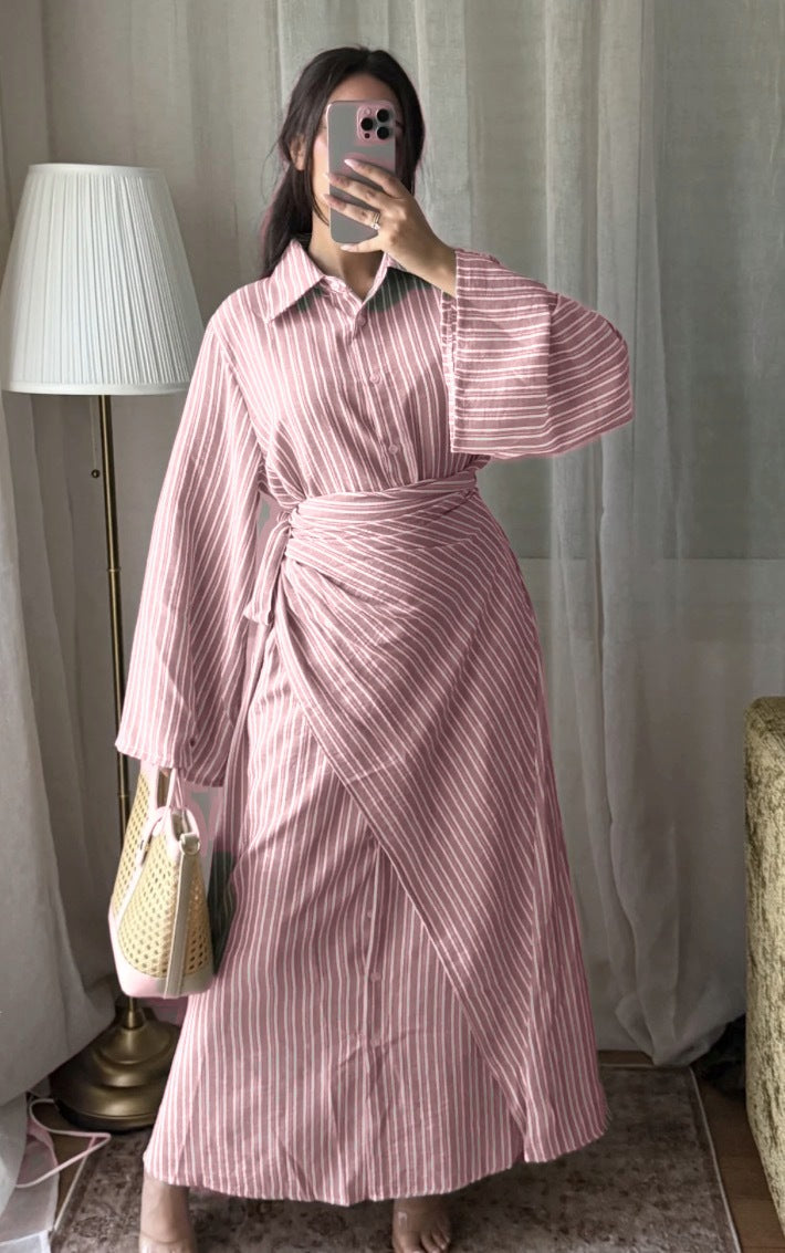 Robe longue rayée col chemise